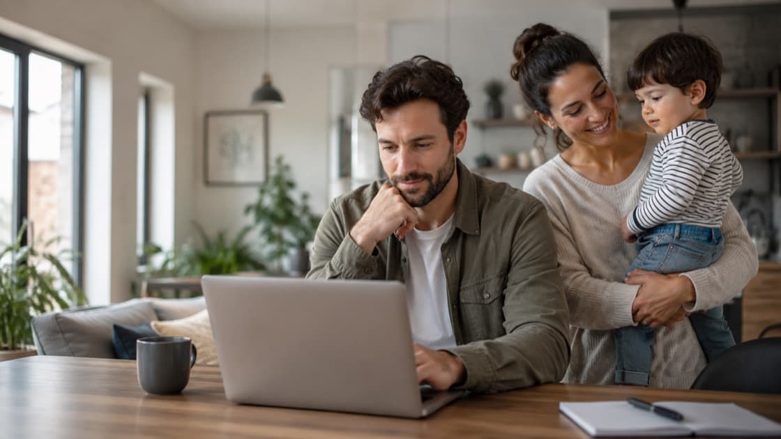 A father working at a laptop while a mother holds their toddler at home