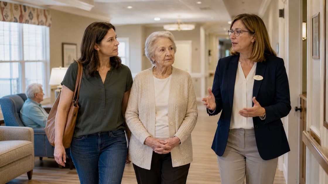 An adult daughter and her mother speaking with a senior living advisor in a community hallway